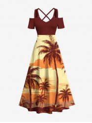 Robe longue hawaïenne grande taille à imprimé cocotiers, épaules dénudées et croisées, coupe trapèze - Jaune 4X