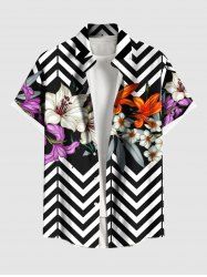 Plus Size Lily Flower Leaf Zig Zag Print Hawaii Button Pocket Shirt For Men -  