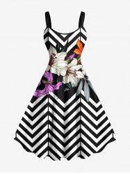 Robe débardeur hawaïenne trapèze grande taille à imprimé zigzag, fleurs de lys et feuilles - Noir XXS