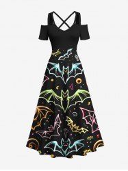 Plus Size Bat Galaxy Print Halloween Cold Shoulder Crisscross A Line Maxi Dress -  