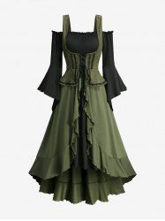 Lace-up Ruffles Ruched Lace Trim Flare Sleeves Cold Shoulder Dress -  