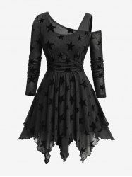 Haut grande taille à volants en maille floquée étoiles, col asymétrique froncé, manches longues - Noir 3X | US 22-24