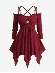 Haut à manches longues en pointelle ajouré et jacquard brodé, grande taille, avec boucle coquillage, croisé, couleur unie, mouchoir - Rouge foncé 2X | US 18-20
