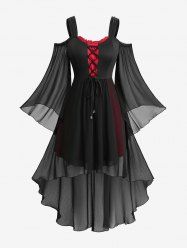 Plus Size Cold Shoulder Flare Sleeve Lace Up Chiffon Textured Two Tone High Low Asymmetric Dress -  