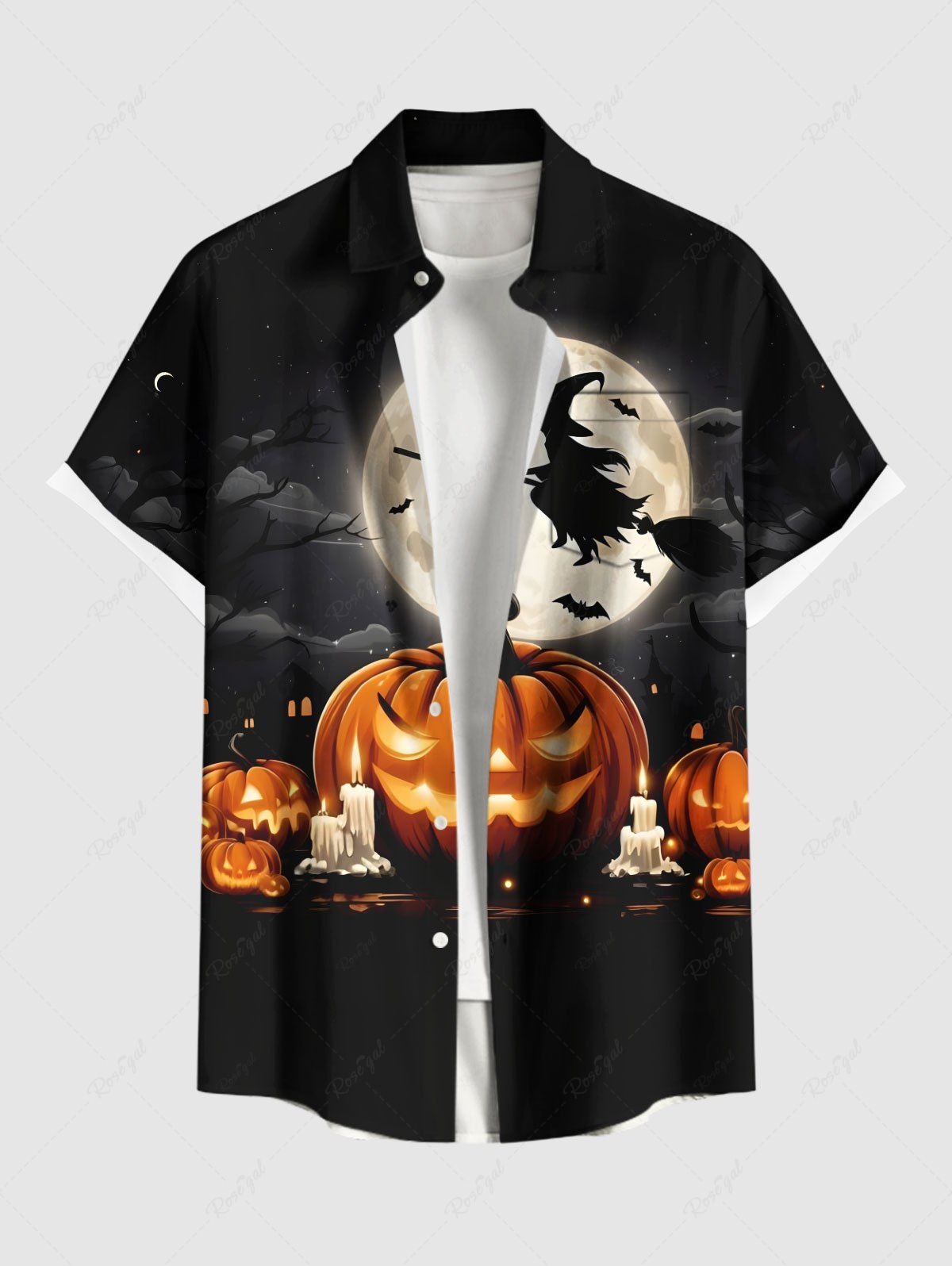 Chemise grande taille à boutons et poches pour homme, motif citrouille, bougies, lune, chauve-souris Noir XL