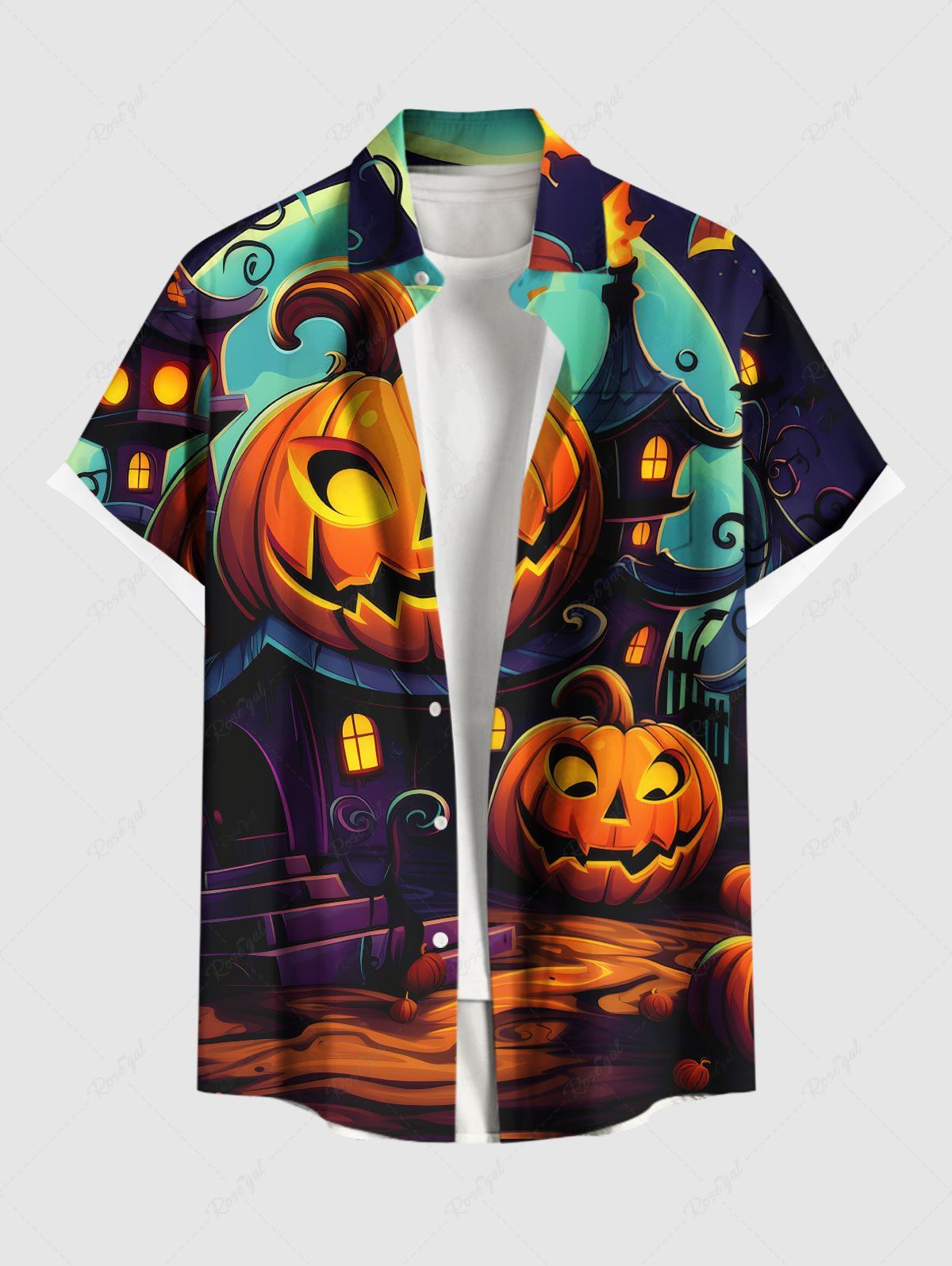 Chemise grande taille à boutons et poches pour homme, imprimé château, citrouille et lanterne d'Halloween Noir 6XL