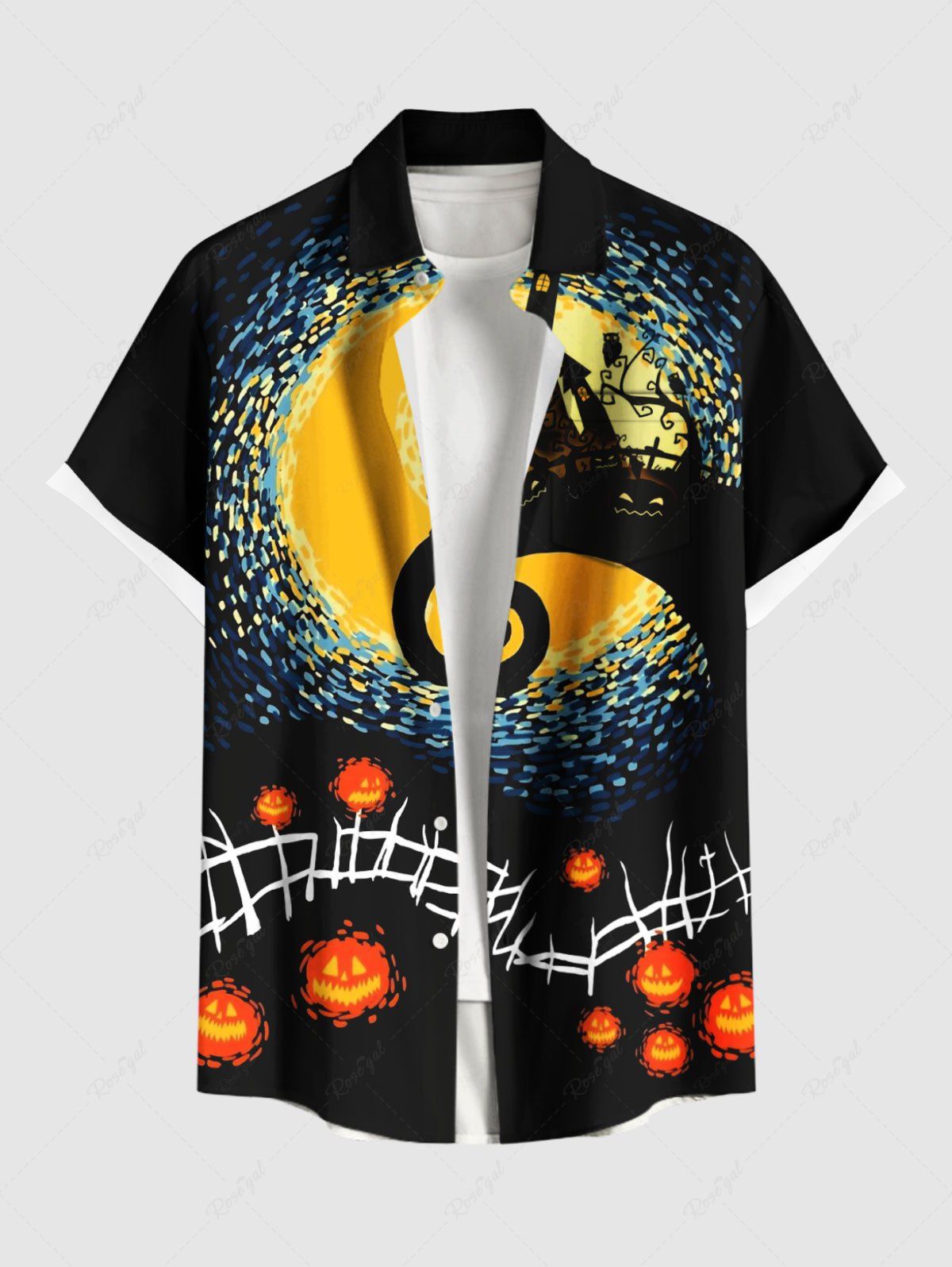 Chemise grande taille à boutons et poches pour homme, motif peinture à l'huile, motif citrouille, arbre et lune d'Halloween Noir XL