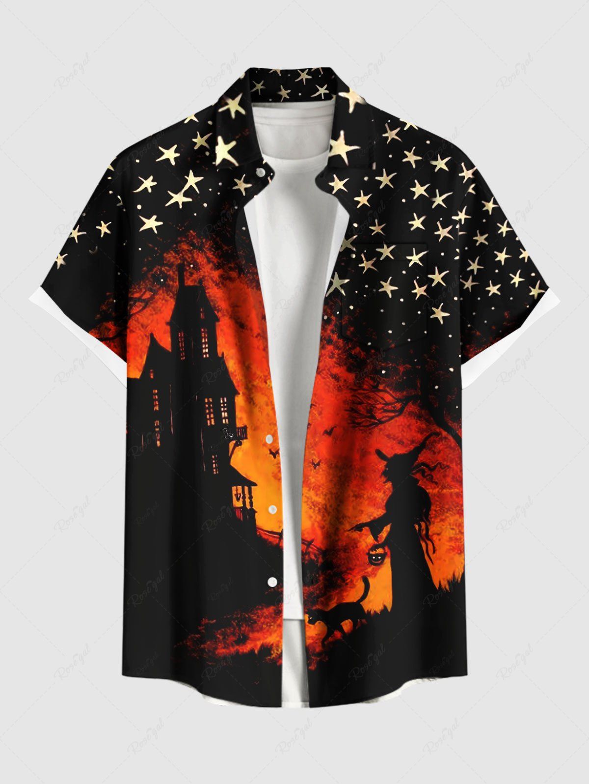 Chemise grande taille à boutons et poches pour homme, motif chat, sorcier, chauve-souris, étoiles d'Halloween Noir M