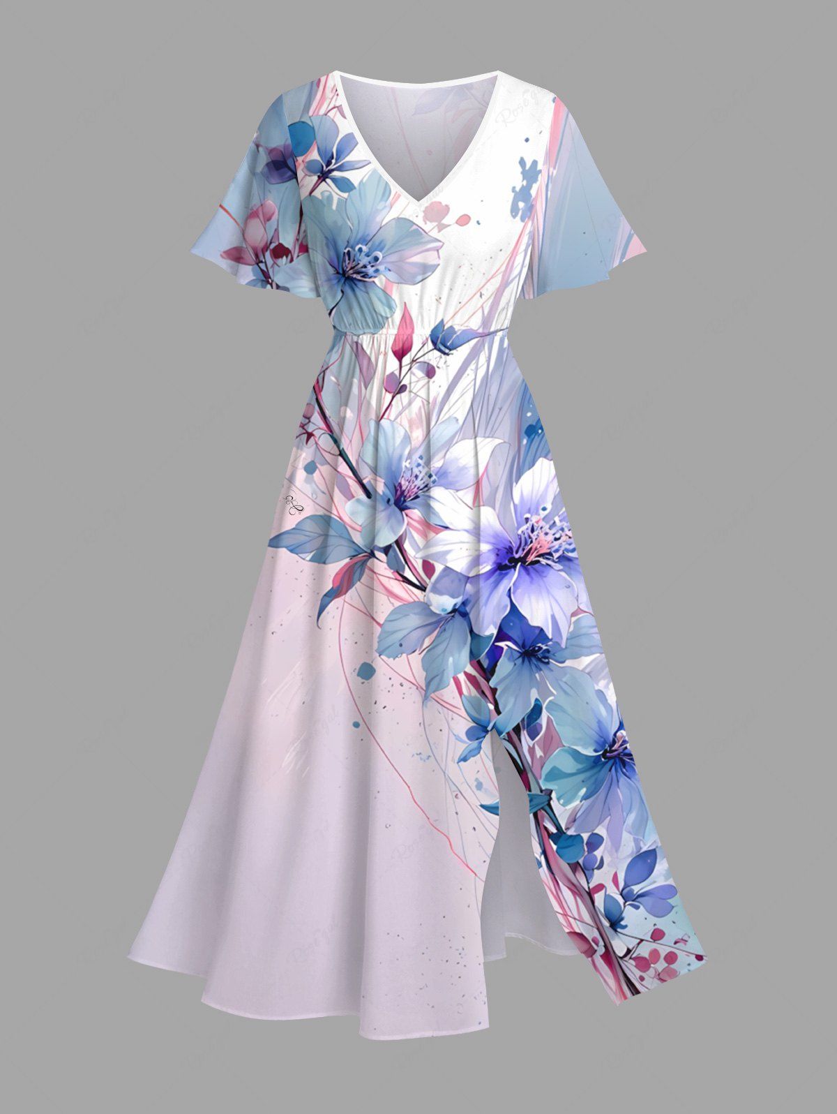 Unique Plus Size Flowers Leaf Paint Splatter Print Split Hawaii Midi Dress  