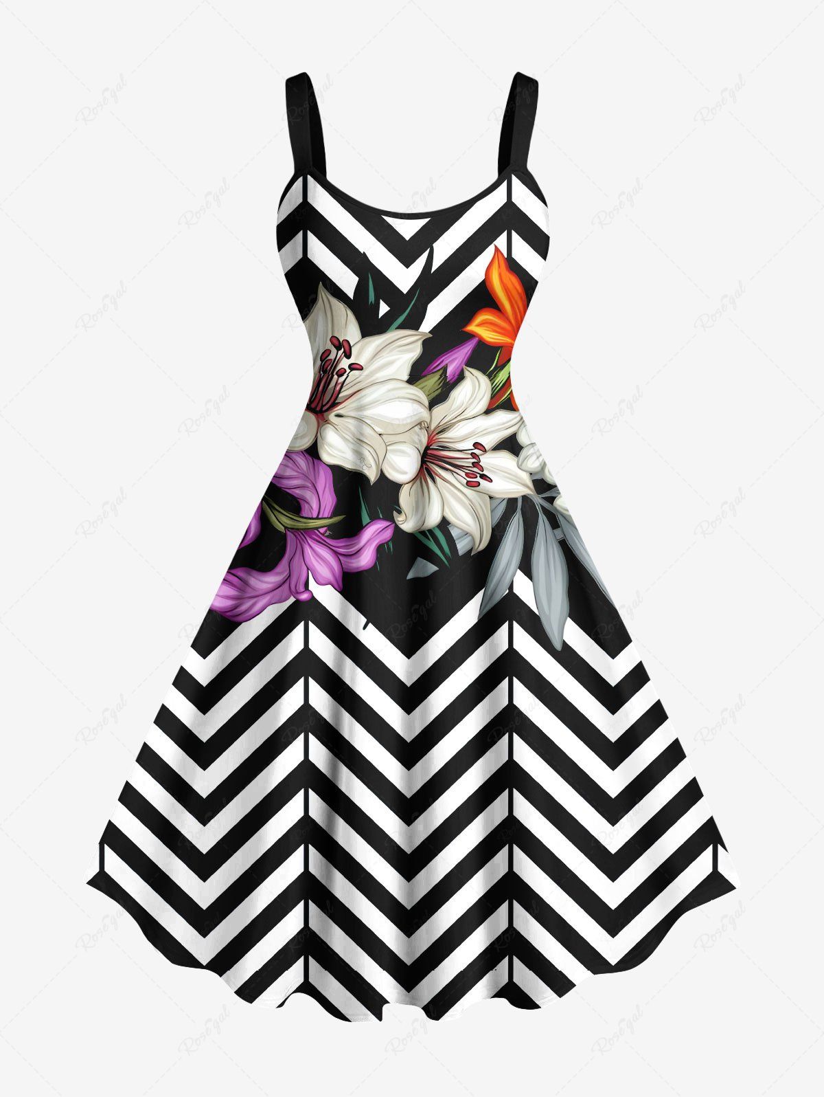 Outfits Plus Size Lily Flower Leaf Zig Zag Print Hawaii A Line Tank Dress  