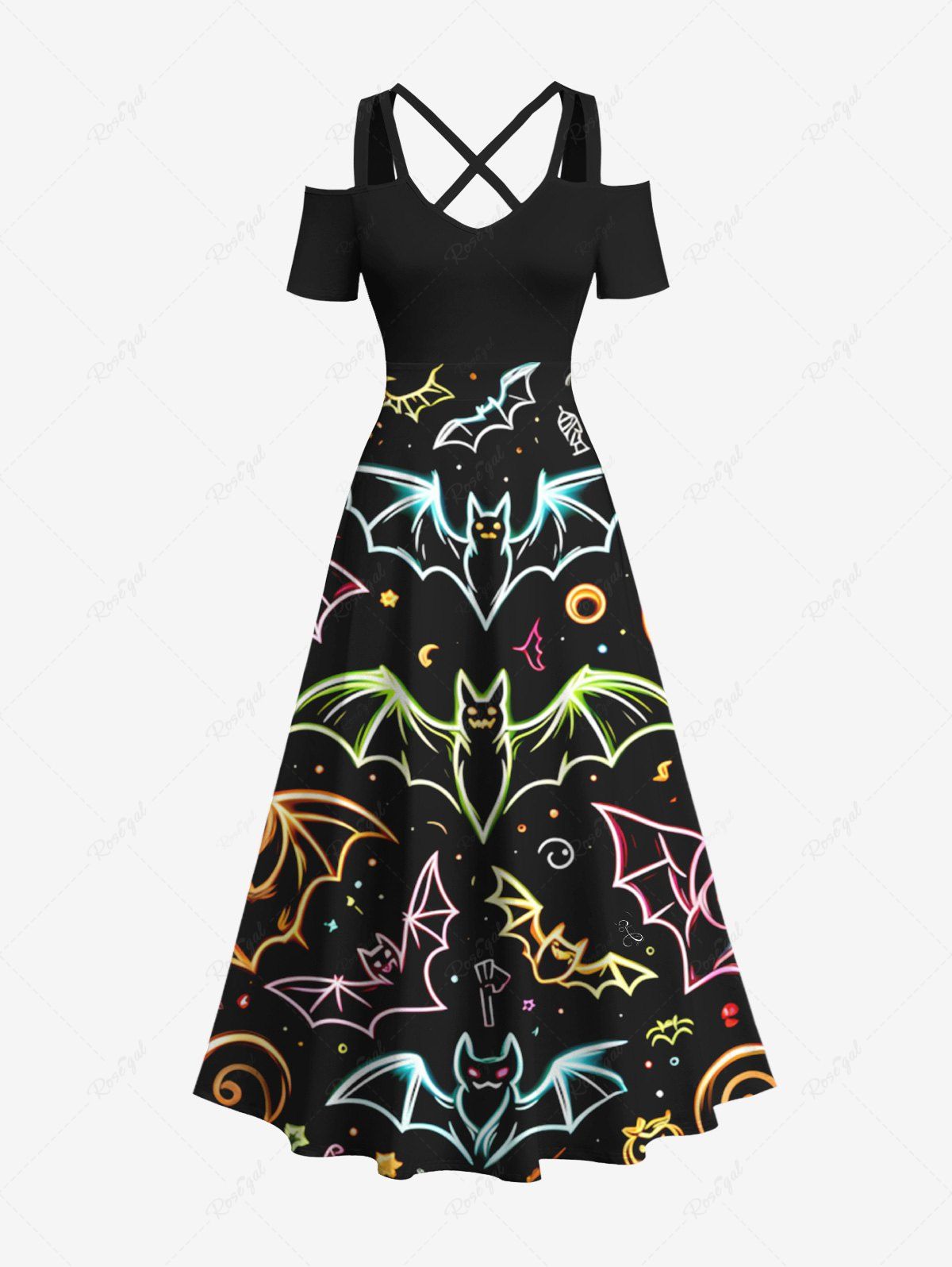 Best Plus Size Bat Galaxy Print Halloween Cold Shoulder Crisscross A Line Maxi Dress  