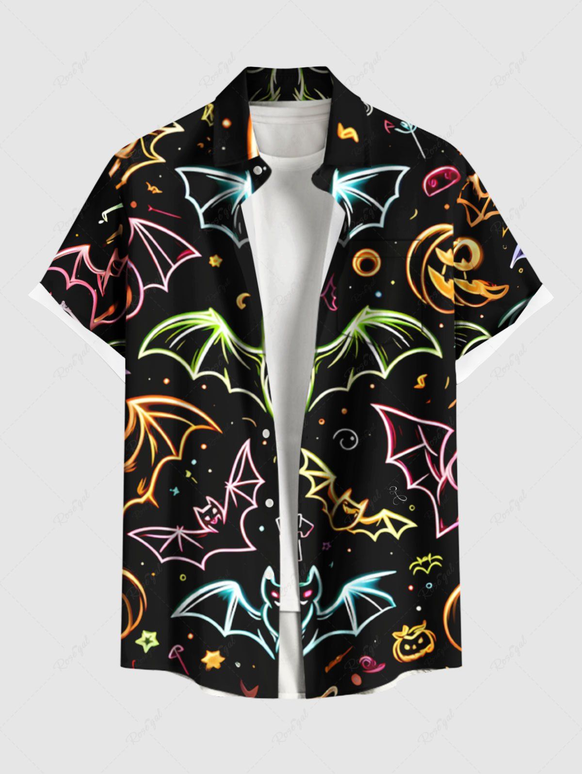 Chemise d'Halloween grande taille à imprimé chauve-souris et galaxie pour homme Noir L