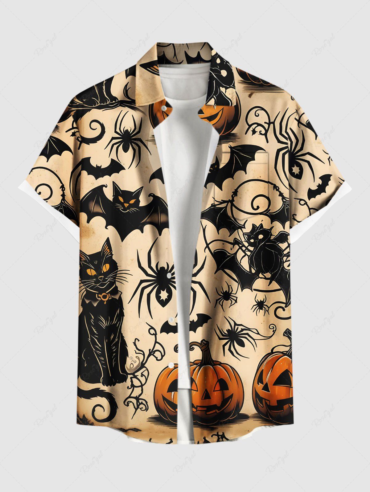 Outfit Plus Size Pumpkin Bat Spider Cat Print Halloween Button Pocket Shirt For Men  