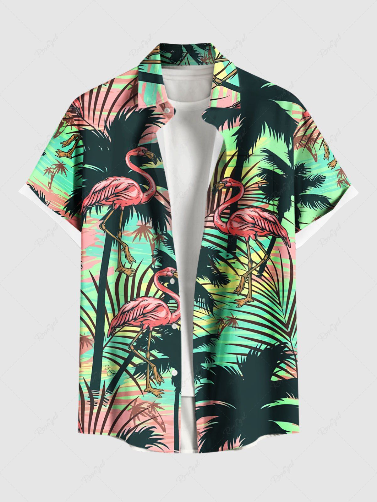 Fashion Plus Size Coconut Tree Tropical Leaf Flamingo Print Hawaii Button Pocket Shirt For Men  