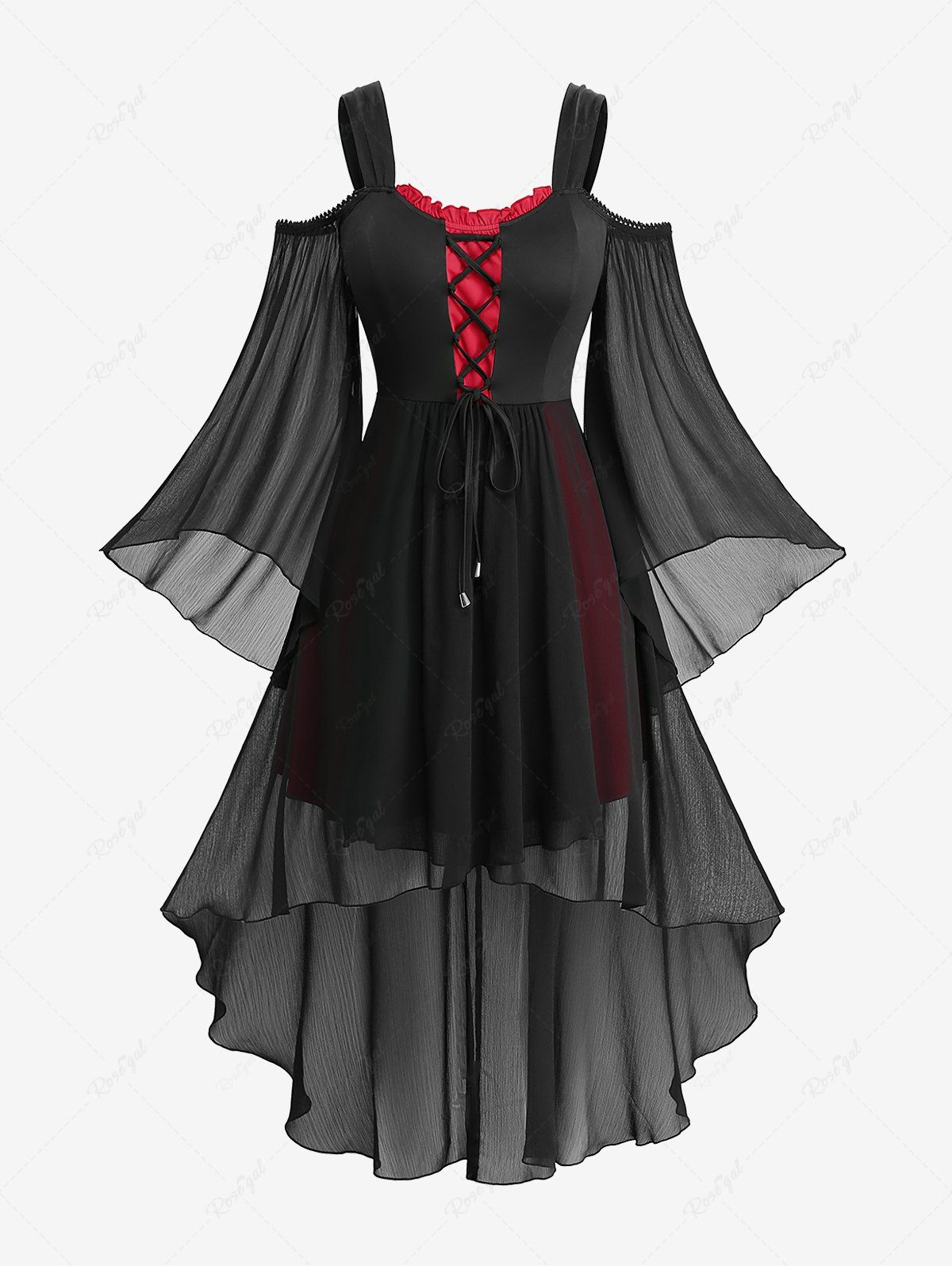 Outfits Plus Size Cold Shoulder Flare Sleeve Lace Up Chiffon Textured Two Tone High Low Asymmetric Dress  