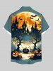 Chemise grande taille à boutons et poches pour homme, motif Halloween, lune, citrouille, chauve-souris, arbres, croix, château - Vert 5XL