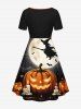 Plus Size Halloween Pumpkin Candles Moon Bat Print Cinched Dress -  