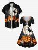 Plus Size Halloween Pumpkin Candles Moon Bat Print Cinched Dress -  