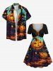 Plus Size Halloween Pumpkin Lantern Castle Print Cinched Dress -  