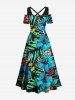 Robe longue hawaïenne grande taille à imprimé feuilles tropicales et fleurs d'hibiscus, épaules dénudées et croisées - Vert XXS