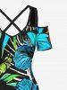 Robe longue hawaïenne grande taille à imprimé feuilles tropicales et fleurs d'hibiscus, épaules dénudées et croisées - Vert XXS