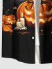 Plus Size Halloween Pumpkin Candles Moon Bat Print Buttons Pocket Shirt For Men -  