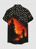 Plus Size Halloween Stars Cat Wizard Bat Print Buttons Pocket Shirt For Men -  