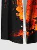 Plus Size Halloween Stars Cat Wizard Bat Print Buttons Pocket Shirt For Men -  