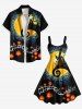 Plus Size Halloween Moon Tree Pumpkin Oil Painting Print Tank Dress -  