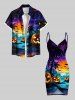 Plus Size Pumpkin Bat Coconut Tree Moon Castle Print Halloween Convertible Beach Cover Up -  