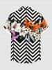 Plus Size Lily Flower Leaf Zig Zag Print Hawaii Button Pocket Shirt For Men -  