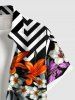Plus Size Lily Flower Leaf Zig Zag Print Hawaii Button Pocket Shirt For Men -  