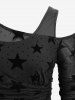 Plus Size Stars Flocking Mesh Ruffles Ruched Asymmetrical Neck Long Sleeves Top -  