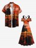 Robe longue trapèze hawaïenne grande taille à imprimé cocotiers, mer, ombré, crépuscule, épaules dénudées, croisée - Orange XXS