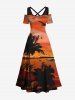Robe longue trapèze hawaïenne grande taille à imprimé cocotiers, mer, ombré, crépuscule, épaules dénudées, croisée - Orange 6X