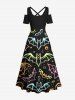 Plus Size Bat Galaxy Print Halloween Cold Shoulder Crisscross A Line Maxi Dress -  