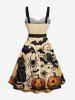 Plus Size Pumpkin Bat Spider Cat Print Halloween Button A Line Dress with Removable Belt -  