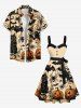 Plus Size Pumpkin Bat Spider Cat Print Halloween Button A Line Dress with Removable Belt -  