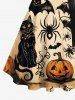 Plus Size Pumpkin Bat Spider Cat Print Halloween Button A Line Dress with Removable Belt -  