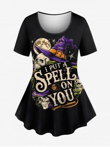 Plus Size Halloween Hat Skull Moon Star Print T-shirt - BLACK - 2X