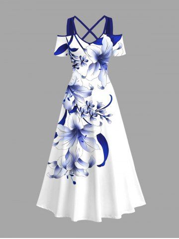 Plus Size Flowers Leaf Print Cold Shoulder Crisscross Hawaii Maxi Dress - WHITE - 1X