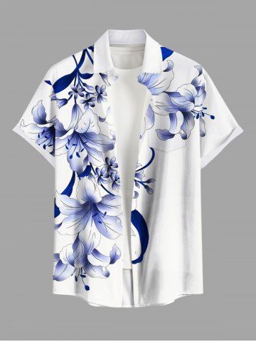 Plus Size Flowers Leaf Print Buttons Pocket Hawaii Shirt For Men - WHITE - S