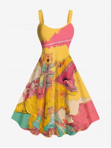 Plus Size Cat Dinosaur Cloud Colorblock Print Hawaii Tank Dress - YELLOW - 4X