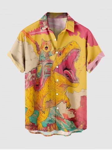 Plus Size Cat Dinosaur Cloud Colorblock Print Buttons Pocket Hawaii Shirt For Men - YELLOW - 6XL