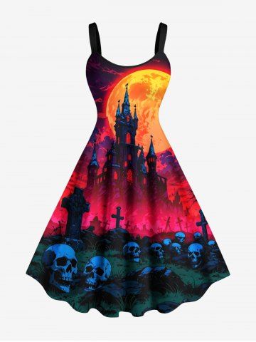 Plus Size Halloween Moon Castle Skulls Cross Bat Print Tank Dress - RED - XXS