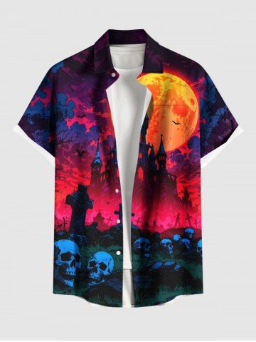 Plus Size Halloween Moon Castle Skulls Cross Bat Print Buttons Pocket Shirt For Men - RED - 6XL