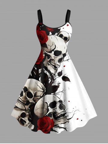 Plus Size Halloween Skulls Rose Flower Print Tank Dress - WHITE - 5X