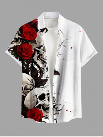 Plus Size Halloween Skulls Rose Flower Print Buttons Pocket Shirt For Men - WHITE - 6XL