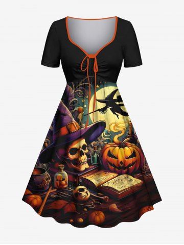 Plus Size Halloween Pumpkin Hat Skull Moon Book Print Cinched Dress - BLACK - 2X