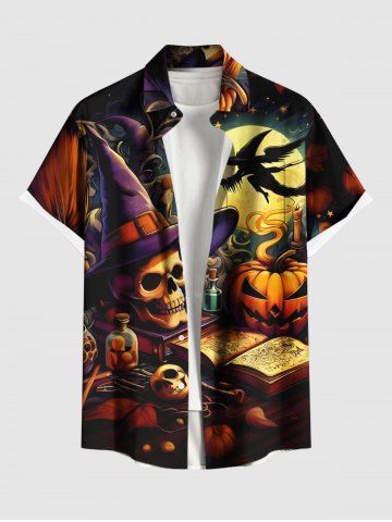 Plus Size Halloween Pumpkin Hat Skull Moon Book Print Buttons Pocket Shirt For Men - BROWN - S